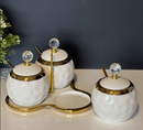 TREND HOME Lot de 3 Bocaux à conservation en porcelaine blanc / doré avec support